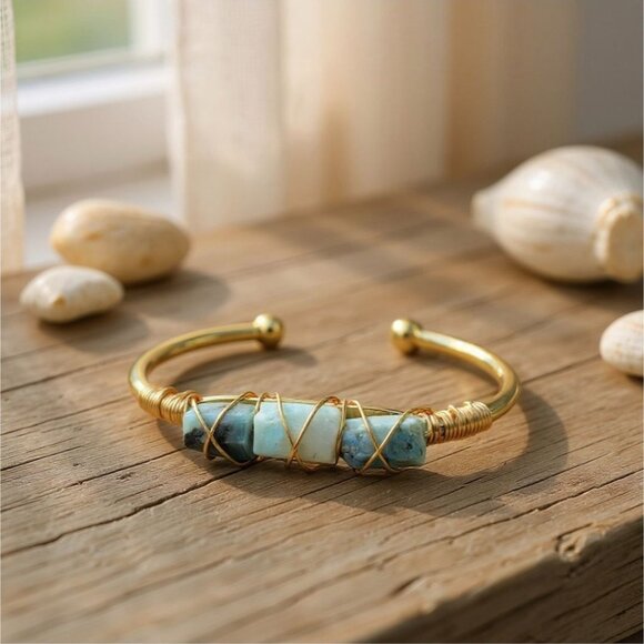 Larimar 3-Stone Wire Wrap Cuff – 14Kt Gold Over Copper – Ocean Calm Talisman - Picture 1 of 13